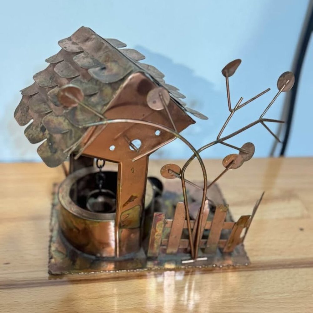 Vintage Copper Wishing Well Music Box: Metal Sculpture Tabletop Decor